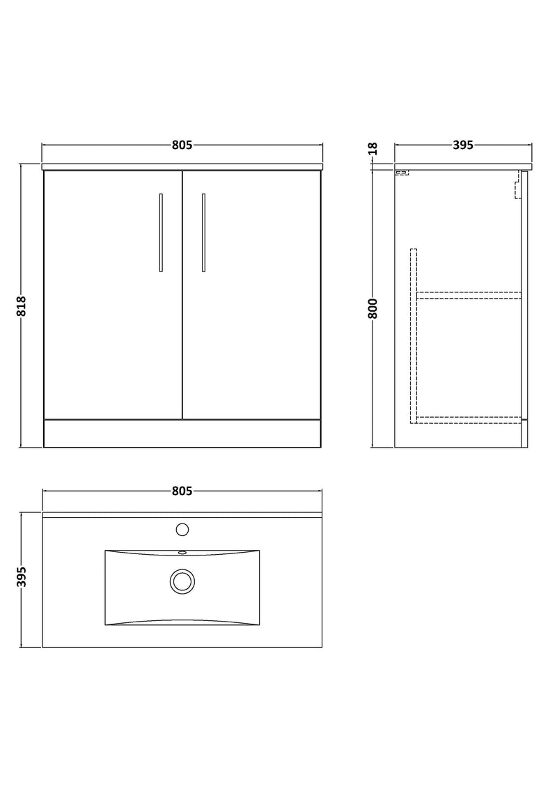 Nuie Arno Floor Standing vanity unit with Minimalist basin - 800mm (2 Doors) - dimensioned line drawing