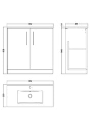 Nuie Arno Floor Standing vanity unit with Minimalist basin - 800mm (2 Doors) - dimensioned line drawing