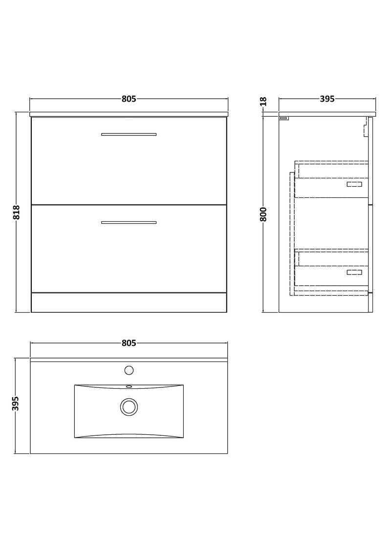 Nuie Arno Floor Standing vanity unit with Minimalist basin - 800mm (2 Drawers) - dimensioned line drawing