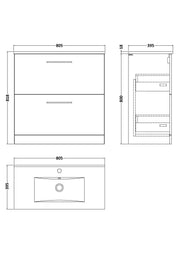 Nuie Arno Floor Standing vanity unit with Minimalist basin - 800mm (2 Drawers) - dimensioned line drawing