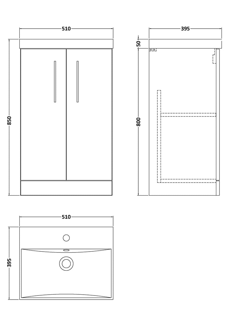 Nuie Arno Floor Standing vanity unit with Thin Edge basin - 500mm (2 Doors) - dimensioned line drawing