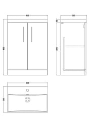 Nuie Arno Floor Standing vanity unit with Thin Edge basin - 600mm (2 Doors) - dimensioned line drawing