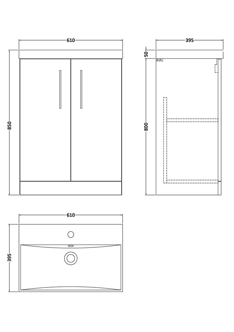 Nuie Arno Floor Standing vanity unit with Thin Edge basin - 600mm (2 Doors) - dimensioned line drawing