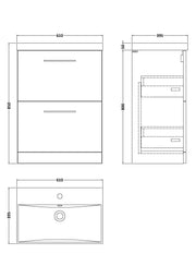 Nuie Arno Floor Standing vanity unit with Thin Edge basin - 600mm (2 Drawers) - dimensioned line drawing