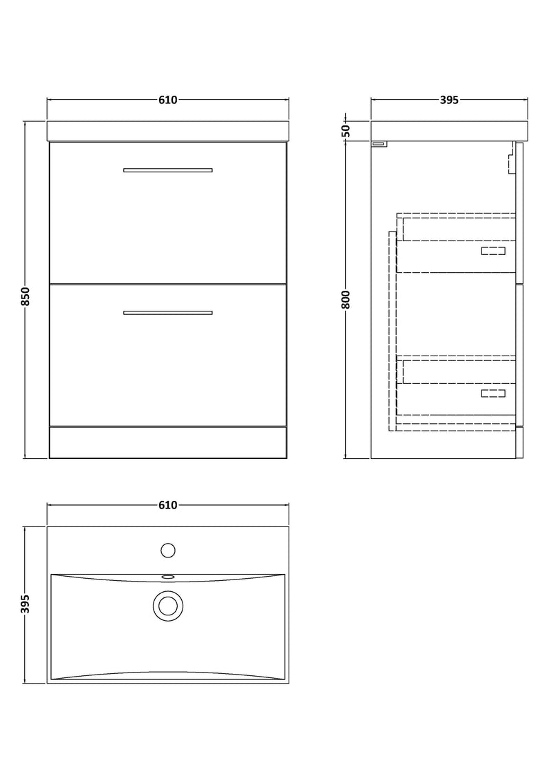 Nuie Arno Floor Standing vanity unit with Thin Edge basin - 600mm (2 Drawers) - dimensioned line drawing
