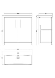 Nuie Arno Floor Standing vanity unit with Thin Edge basin - 800mm (2 Doors) - dimensioned line drawing