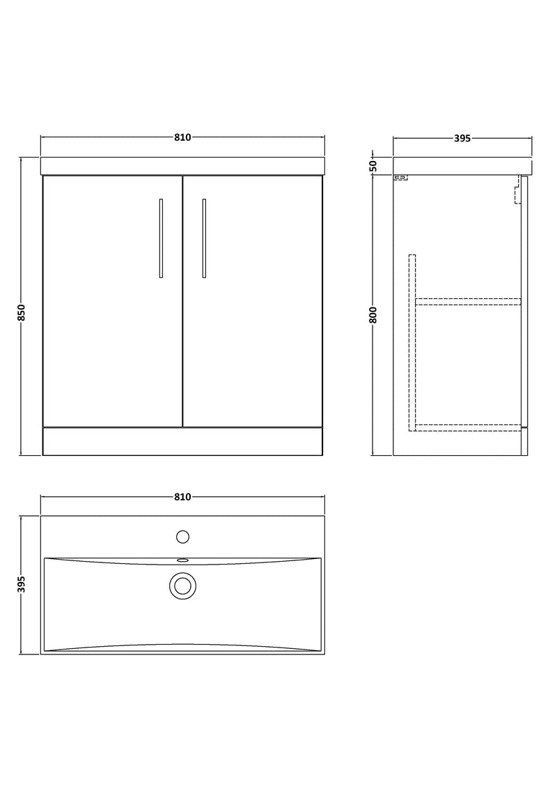 Nuie Arno Floor Standing vanity unit with Thin Edge basin - 800mm (2 Doors) - dimensioned line drawing