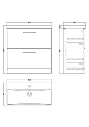 Nuie Arno Floor Standing vanity unit with Thin Edge basin - 800mm (2 Drawers) - dimensioned line drawing