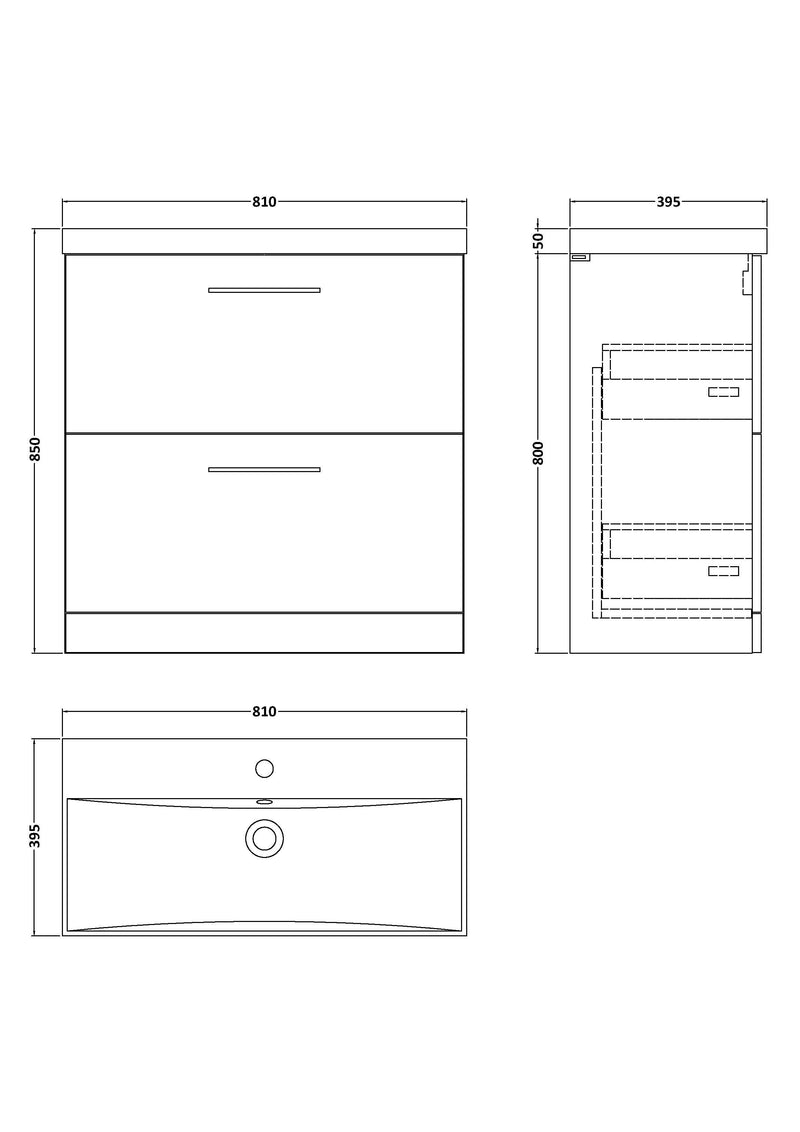 Nuie Arno Floor Standing vanity unit with Thin Edge basin - 800mm (2 Drawers) - dimensioned line drawing