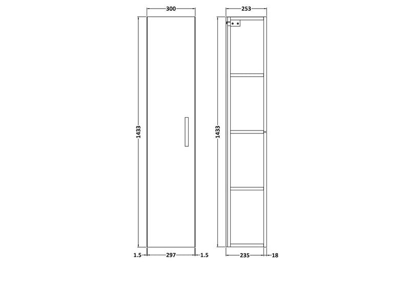 Nuie Arno tall cabinet - dimensioned line drawing