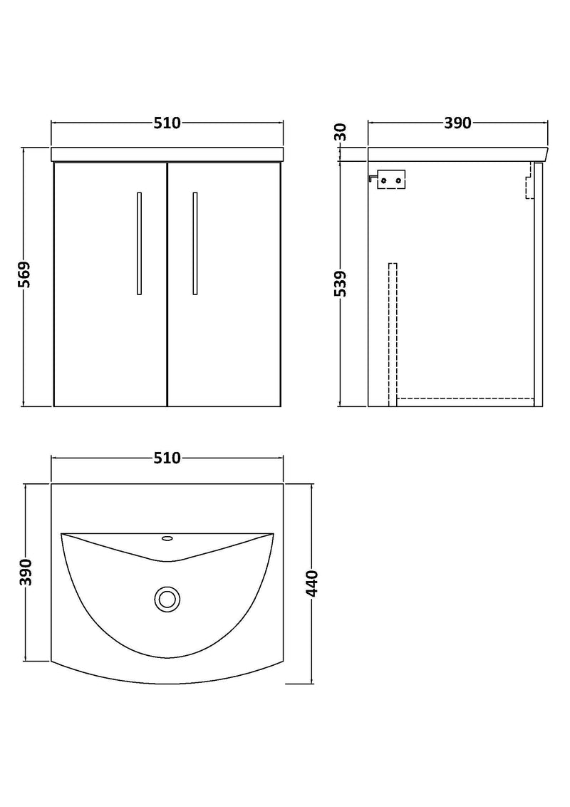 Nuie Arno Wall Hung vanity unit with Curved basin - 500mm (2 Doors) - dimensioned line drawing