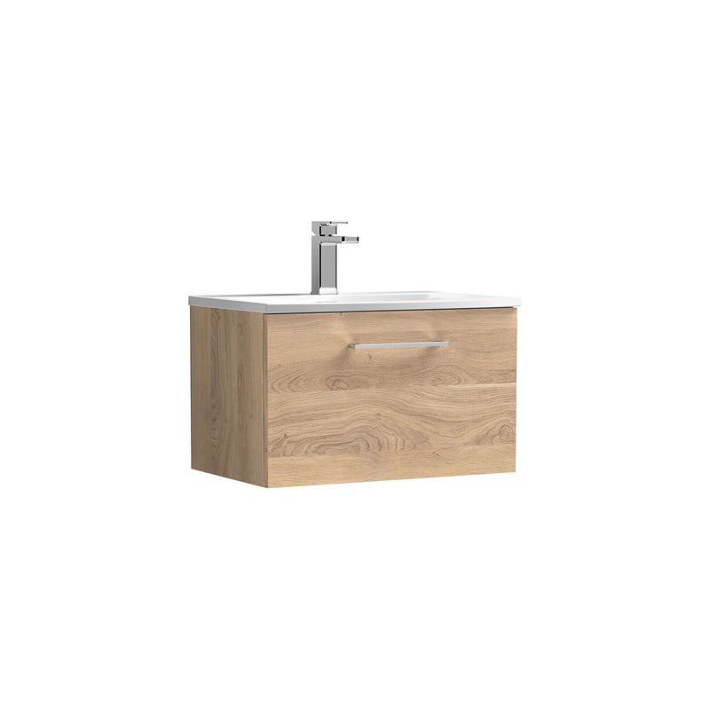 Nuie Arno Wall Hung vanity unit with Curved basin - 600mm (1 Drawer) Bleached Oak