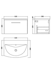 Nuie Arno Wall Hung vanity unit with Curved basin - 600mm (1 Drawer) - dimensioned line drawing