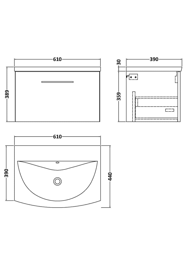 Nuie Arno Wall Hung vanity unit with Curved basin - 600mm (1 Drawer) - dimensioned line drawing