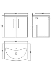 Nuie Arno Wall Hung vanity unit with Curved basin - 600mm (2 Doors) - dimensioned line drawing