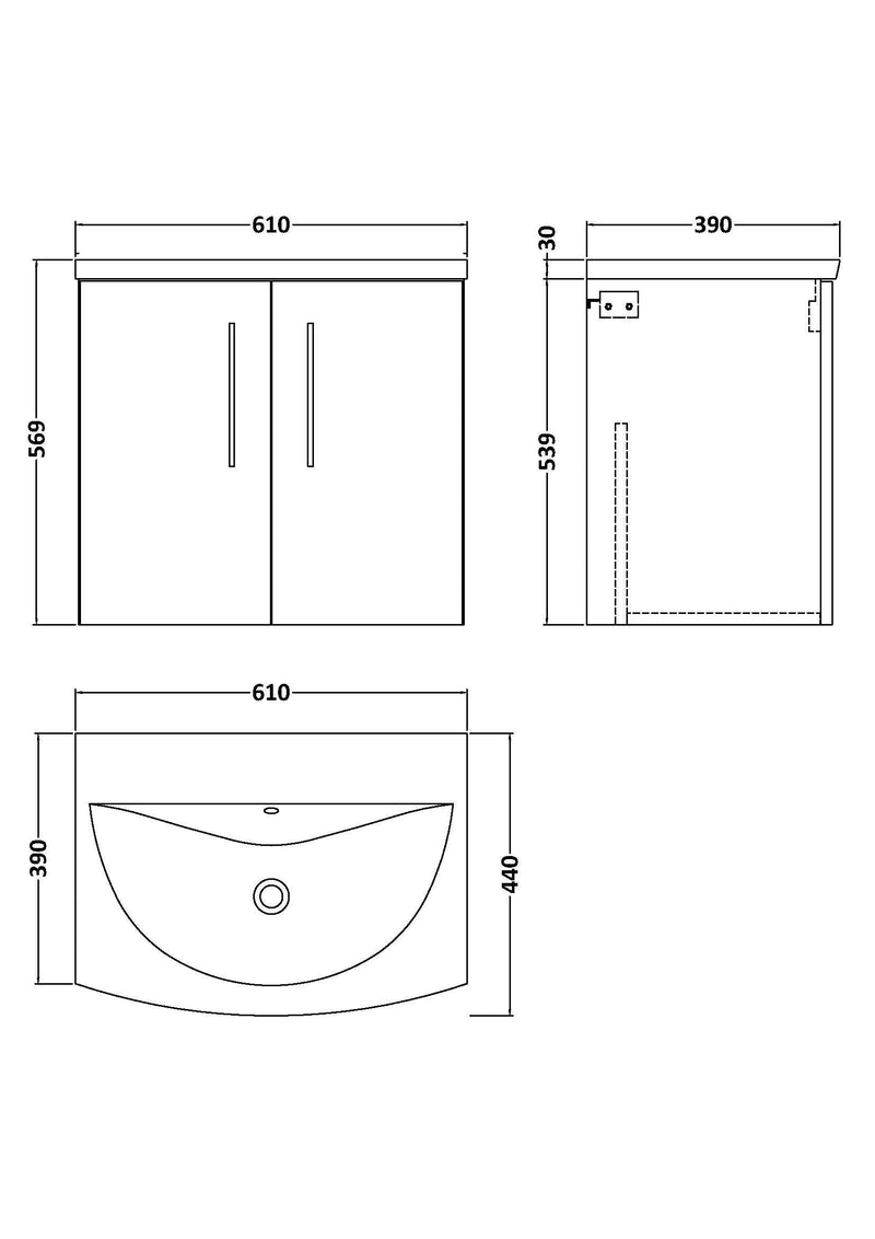 Nuie Arno Wall Hung vanity unit with Curved basin - 600mm (2 Doors) - dimensioned line drawing