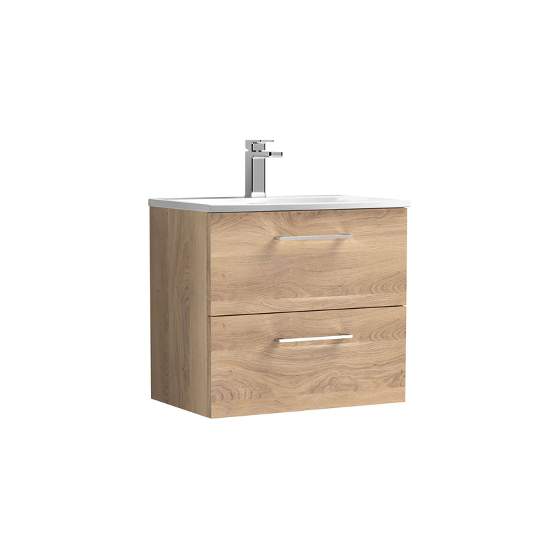 Nuie Arno Wall Hung vanity unit with Curved basin - 600mm (2 Drawers) Bleached Oak