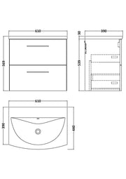 Nuie Arno Wall Hung vanity unit with Curved basin - 600mm (2 Drawers) - dimensioned line drawing