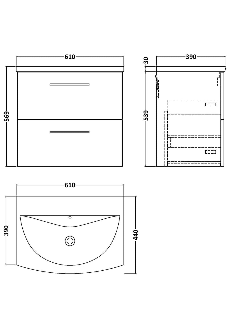 Nuie Arno Wall Hung vanity unit with Curved basin - 600mm (2 Drawers) - dimensioned line drawing