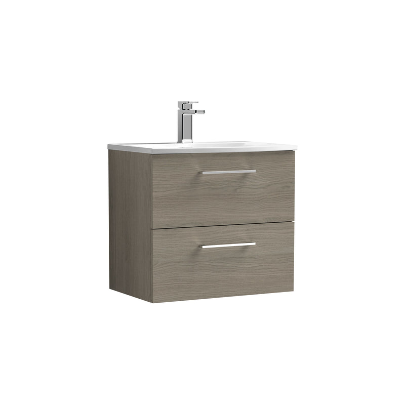 Nuie Arno Wall Hung vanity unit with Curved basin - 600mm (2 Drawers) Solace Oak