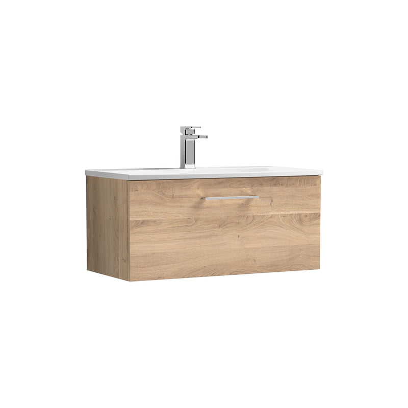 Nuie Arno Wall Hung vanity unit with Curved basin - 800mm (1 Drawer) Bleached Oak
