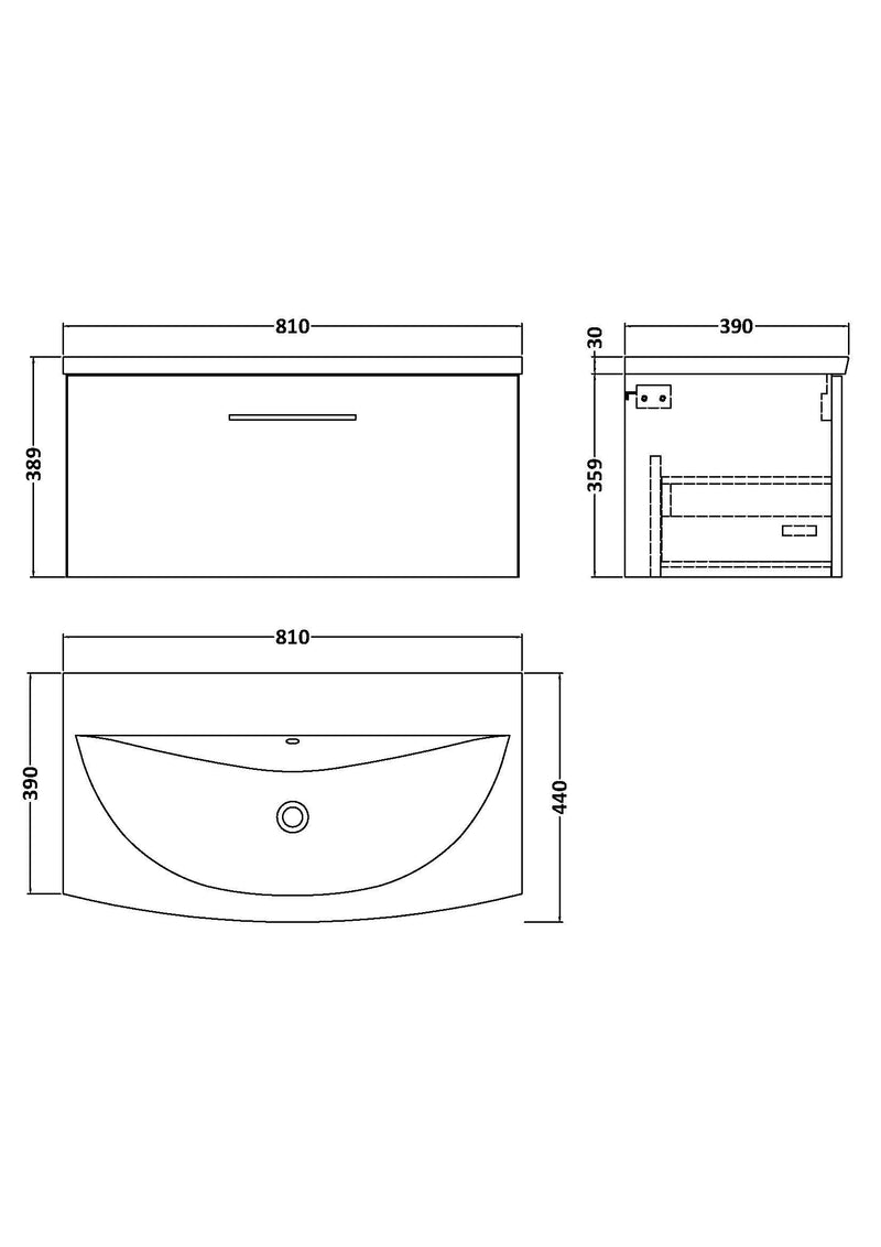 Nuie Arno Wall Hung vanity unit with Curved basin - 800mm (1 Drawer) - dimensioned line drawing