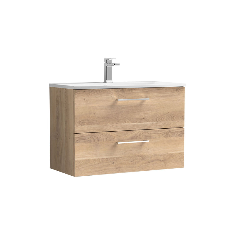 Nuie Arno Wall Hung vanity unit with Curved basin - 800mm (2 Drawers) Bleached Oak