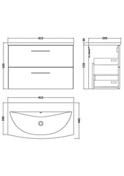 Nuie Arno Wall Hung vanity unit with Curved basin - 800mm (2 Drawers) - dimensioned line drawing