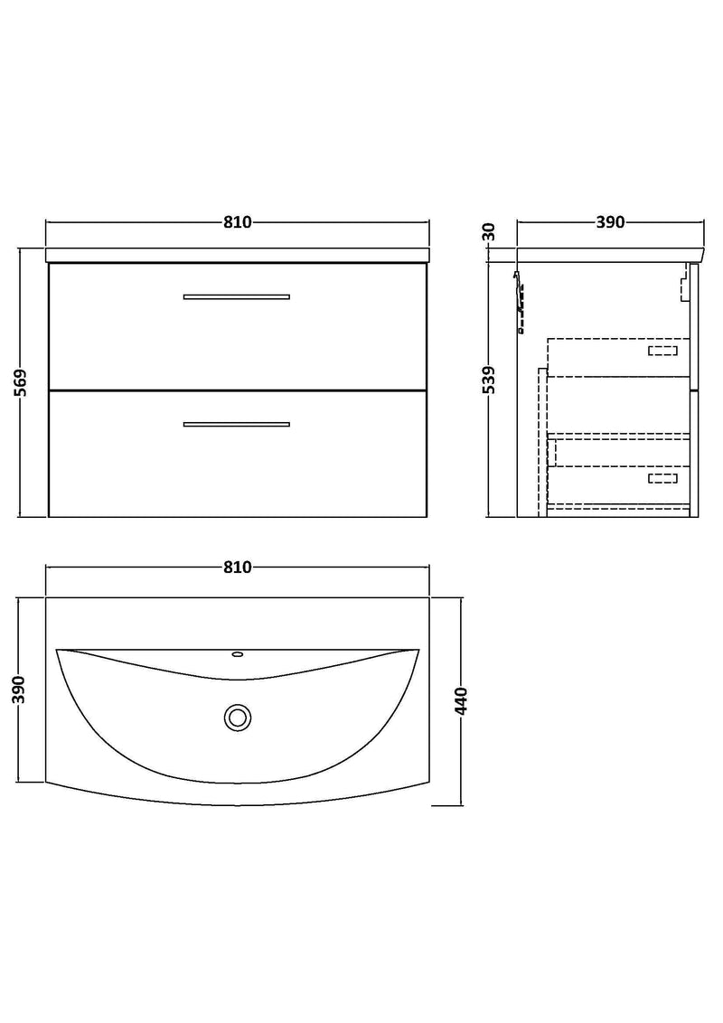 Nuie Arno Wall Hung vanity unit with Curved basin - 800mm (2 Drawers) - dimensioned line drawing