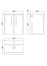 Nuie Arno Wall Hung vanity unit with Mid-Edge basin - 500mm (2 Doors) - dimensioned line drawing