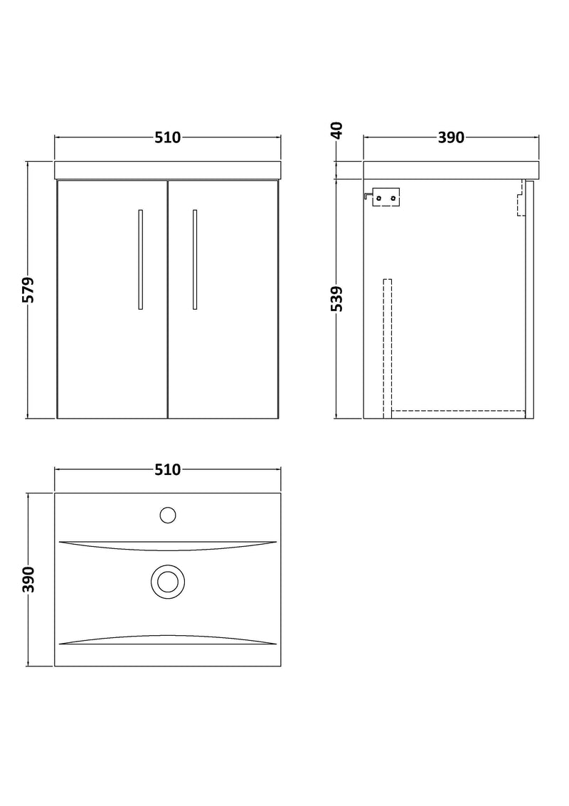 Nuie Arno Wall Hung vanity unit with Mid-Edge basin - 500mm (2 Doors) - dimensioned line drawing
