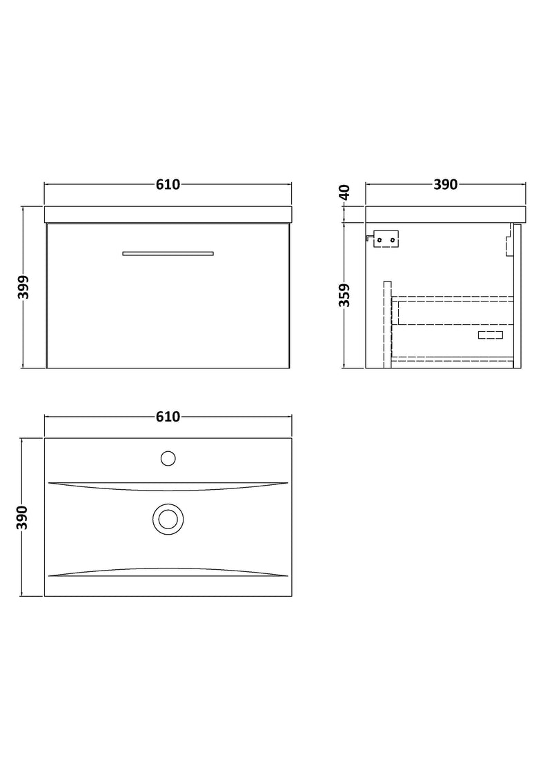 Nuie Arno Wall Hung vanity unit with Mid-Edge basin - 600mm (1 Drawer) - dimensioned line drawing
