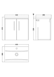 Nuie Arno Wall Hung vanity unit with Mid-Edge basin - 600mm (2 Doors) - dimensioned line drawing