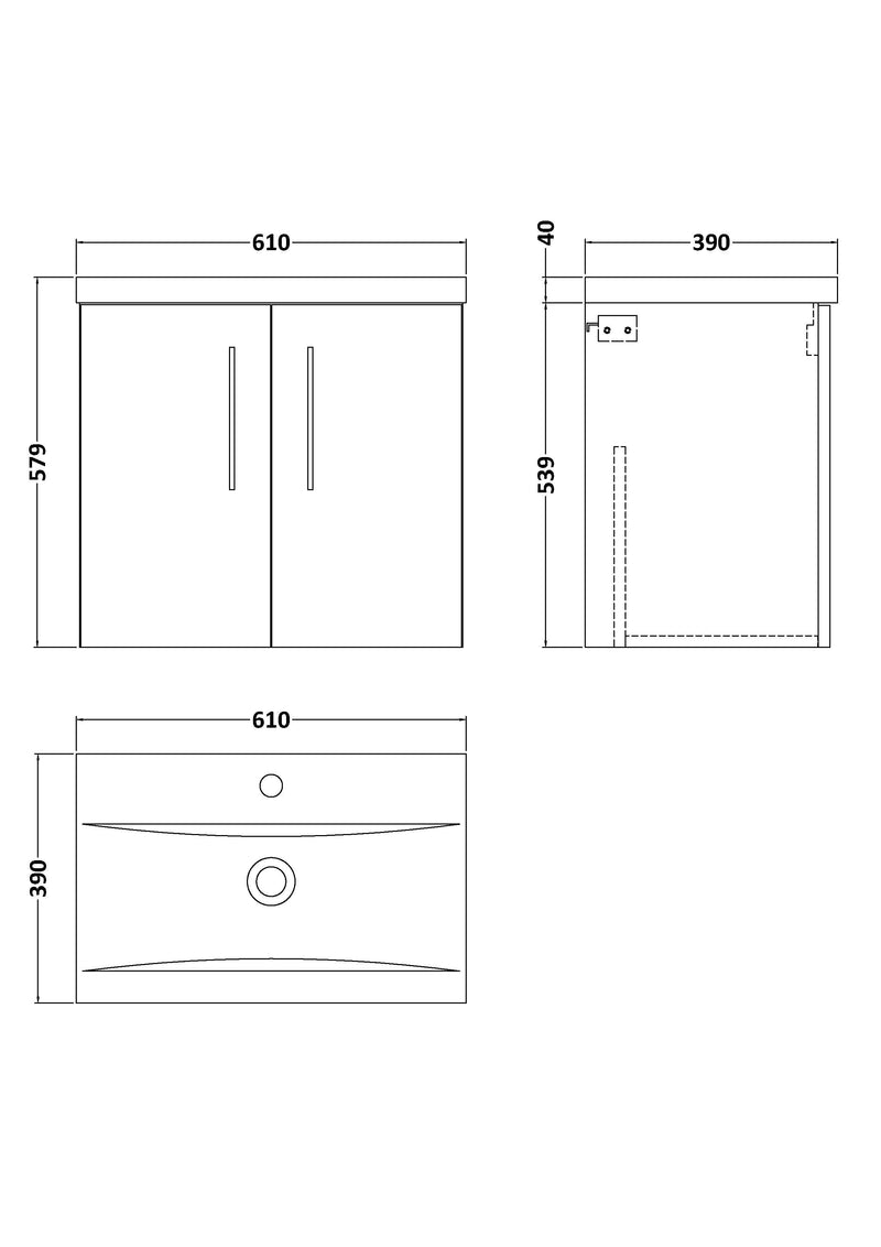 Nuie Arno Wall Hung vanity unit with Mid-Edge basin - 600mm (2 Doors) - dimensioned line drawing