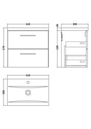 Nuie Arno Wall Hung vanity unit with Mid-Edge basin - 600mm (2 Drawers) - dimensioned line drawing