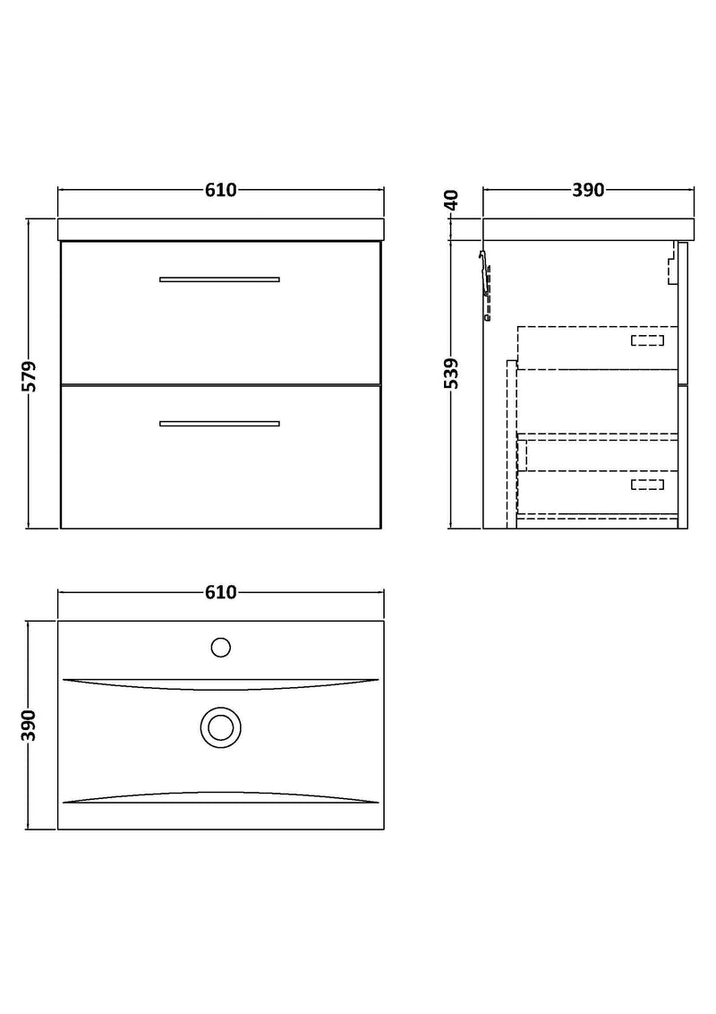 Nuie Arno Wall Hung vanity unit with Mid-Edge basin - 600mm (2 Drawers) - dimensioned line drawing