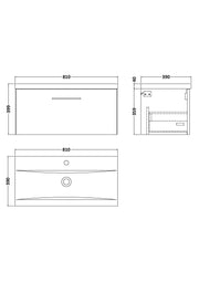 Nuie Arno Wall Hung vanity unit with Mid-Edge basin - 800mm (1 Drawer) - dimensioned line drawing