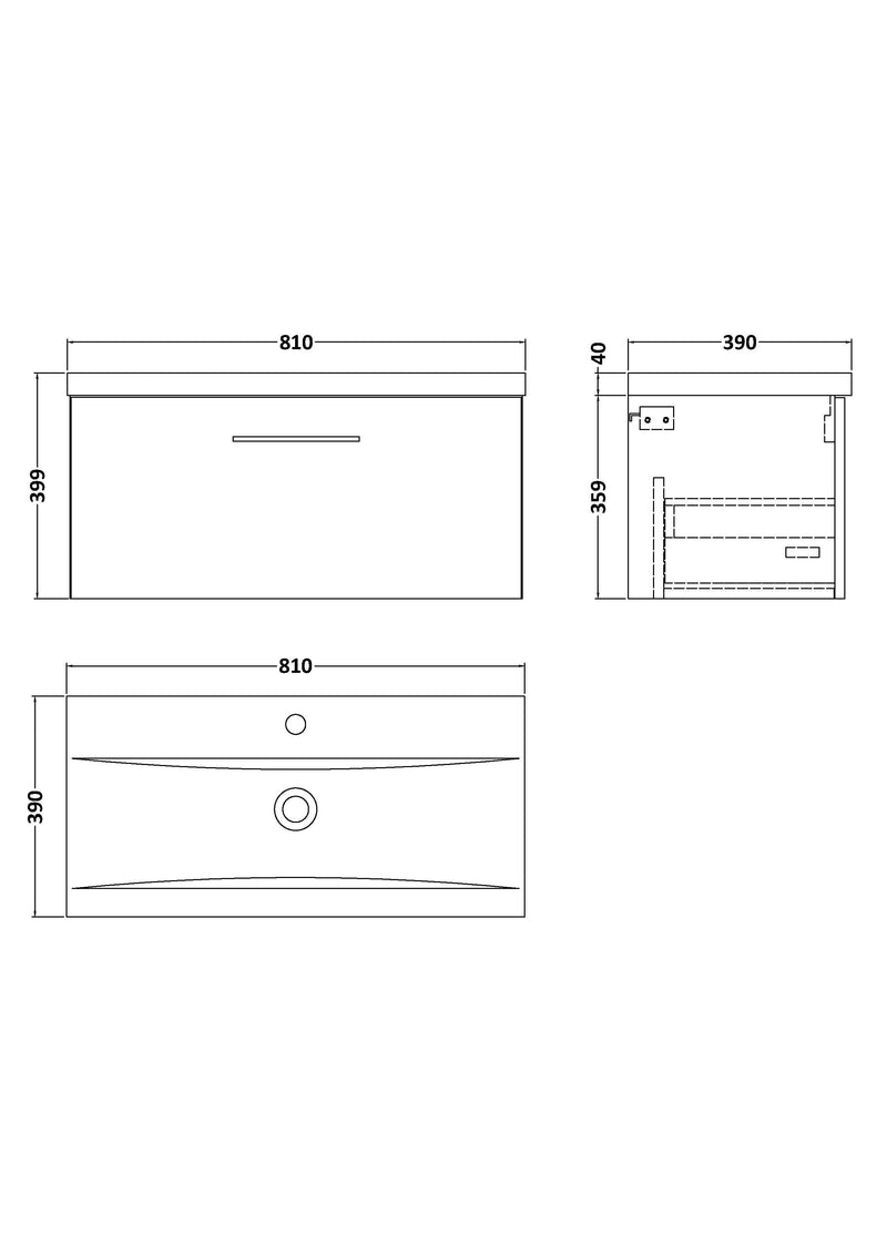 Nuie Arno Wall Hung vanity unit with Mid-Edge basin - 800mm (1 Drawer) - dimensioned line drawing