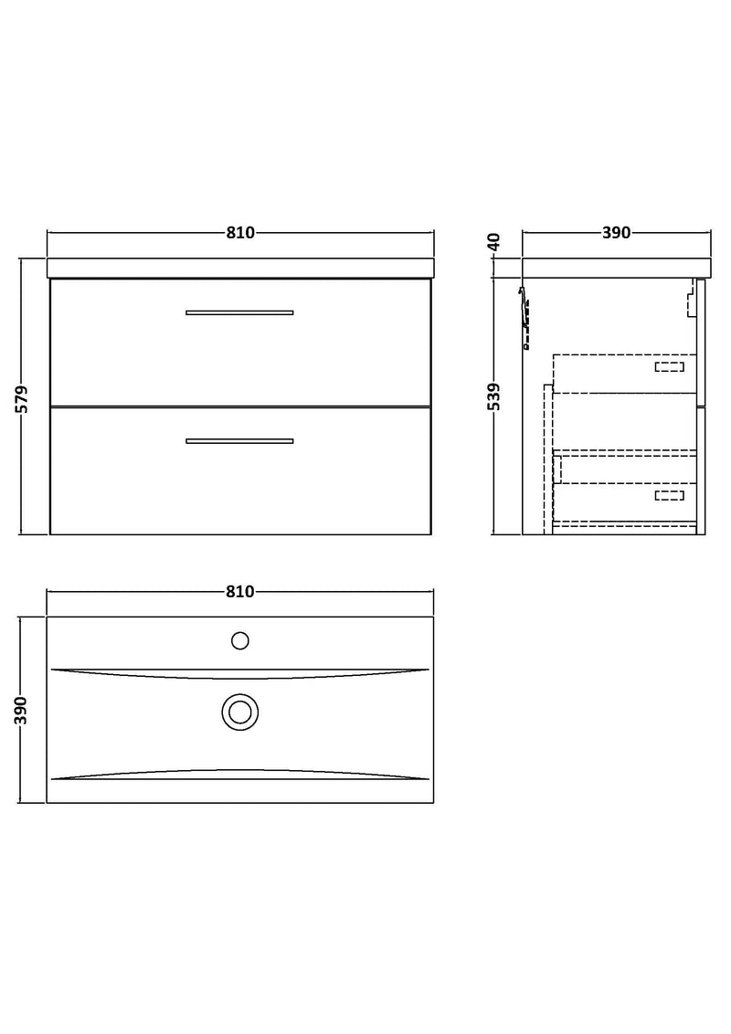 Nuie Arno Wall Hung vanity unit with Mid-Edge basin - 800mm (2 Drawers) - dimensioned line drawing