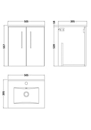 Nuie Arno Wall Hung vanity unit with Minimalist basin - 500mm (2 Doors) - dimensioned line drawing