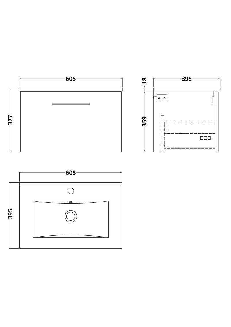 Nuie Arno Wall Hung vanity unit with Minimalist basin - 600mm (1 Drawer) - dimensioned line drawing