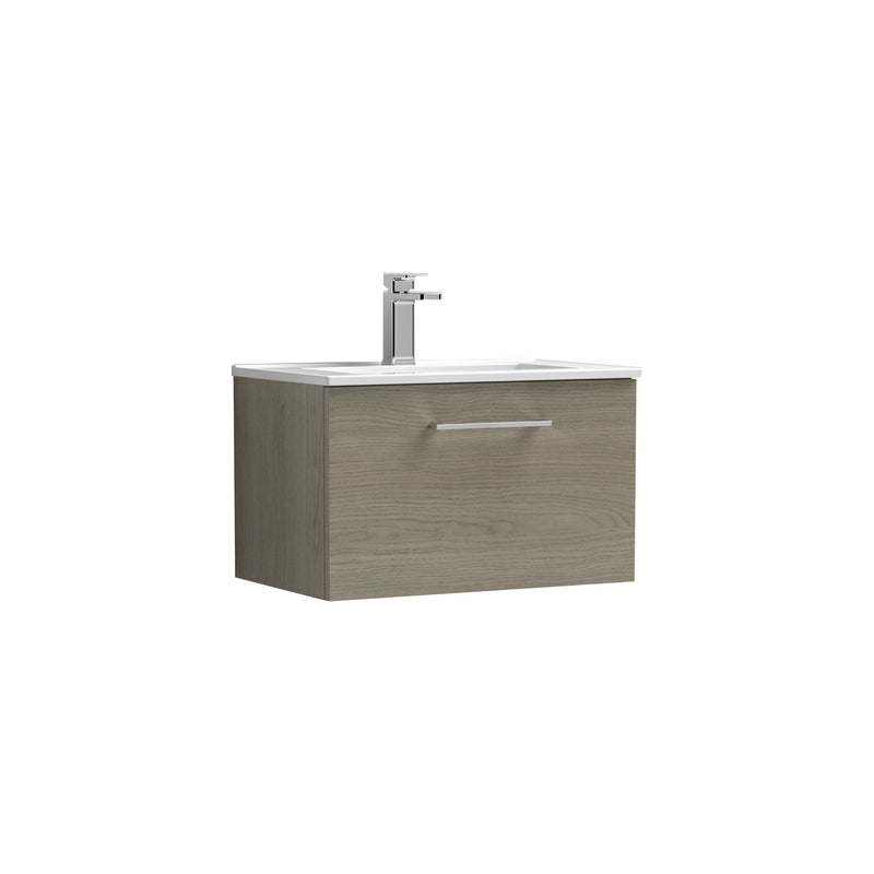Nuie Arno Wall Hung vanity unit with Minimalist basin - 600mm (1 Drawer) Solace Oak