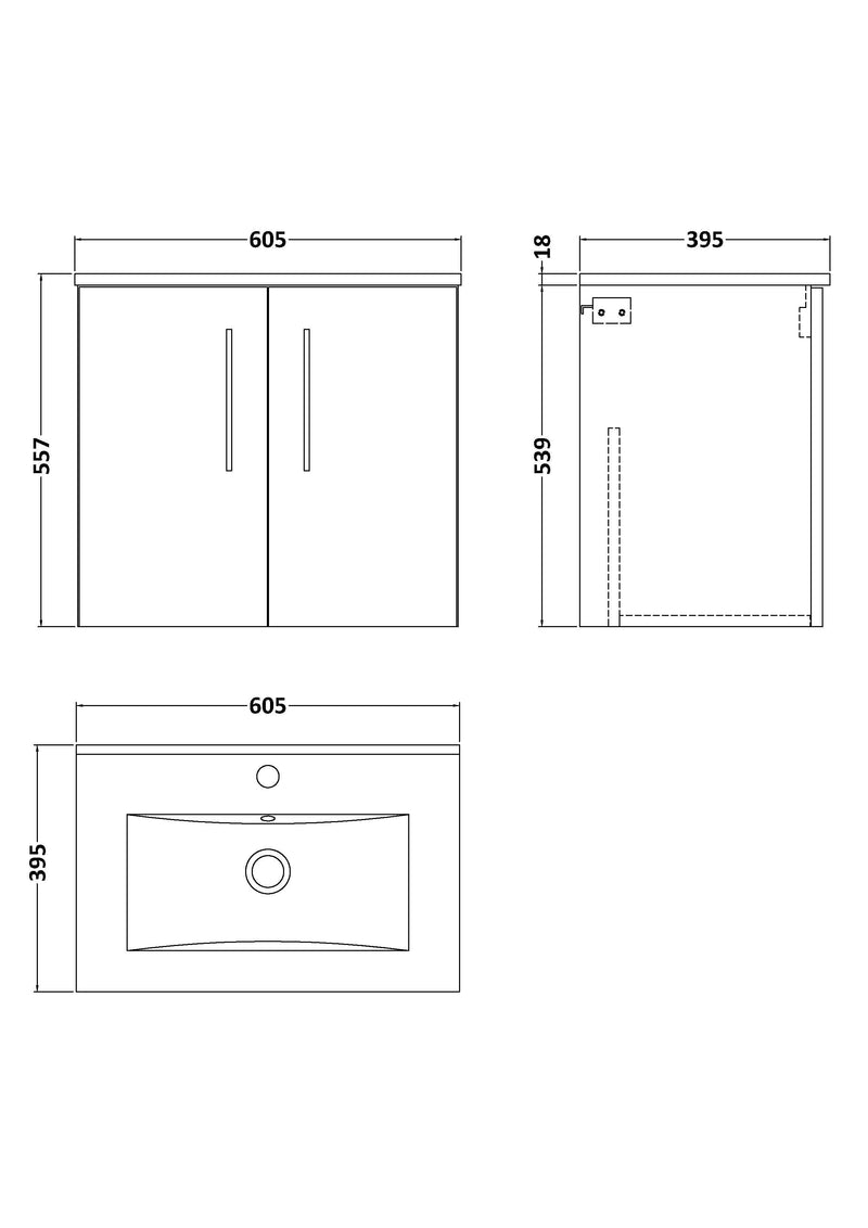 Nuie Arno Wall Hung vanity unit with Minimalist basin - 600mm (2 Doors) - dimensioned line drawing