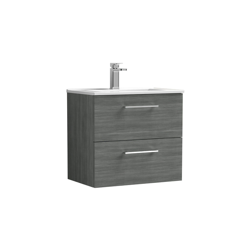 Nuie Arno Wall Hung vanity unit with Minimalist basin - 600mm (2 Drawers) Anthracite Woodgrain
