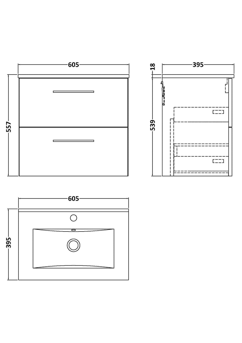 Nuie Arno Wall Hung vanity unit with Minimalist basin - 600mm (2 Drawers) - dimensioned line drawing