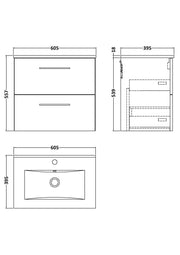 Nuie Arno Wall Hung vanity unit with Minimalist basin - 600mm (2 Drawers) - dimensioned line drawing