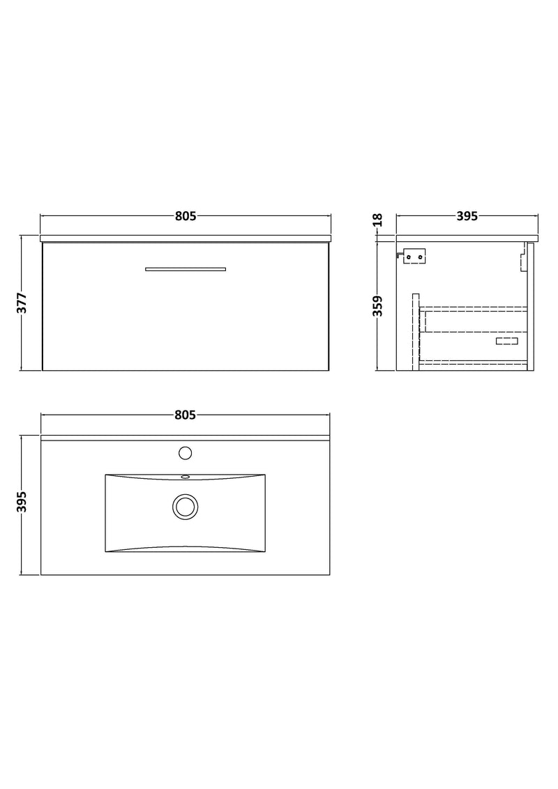 Nuie Arno Wall Hung vanity unit with Minimalist basin - 800mm (1 Drawer) - dimensioned line drawing