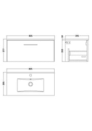 Nuie Arno Wall Hung vanity unit with Minimalist basin - 800mm (1 Drawer) - dimensioned line drawing