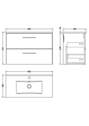 Nuie Arno Wall Hung vanity unit with Minimalist basin - 800mm (2 Drawers) - dimensioned line drawing