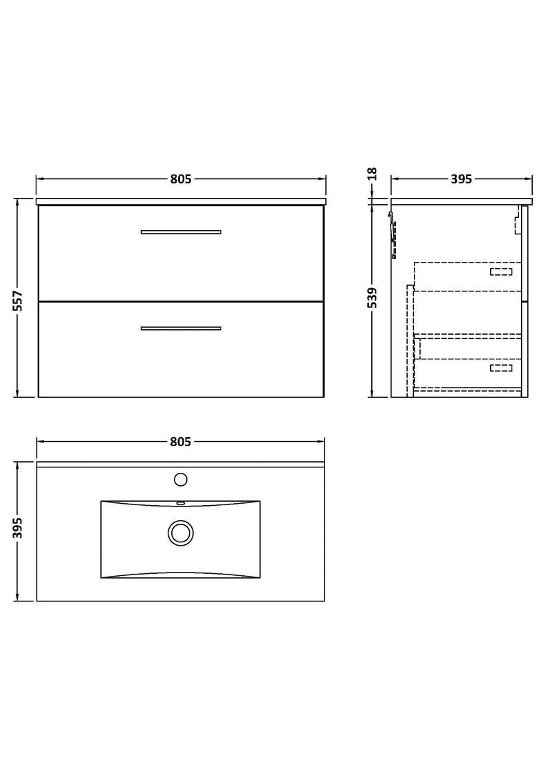 Nuie Arno Wall Hung vanity unit with Minimalist basin - 800mm (2 Drawers) - dimensioned line drawing